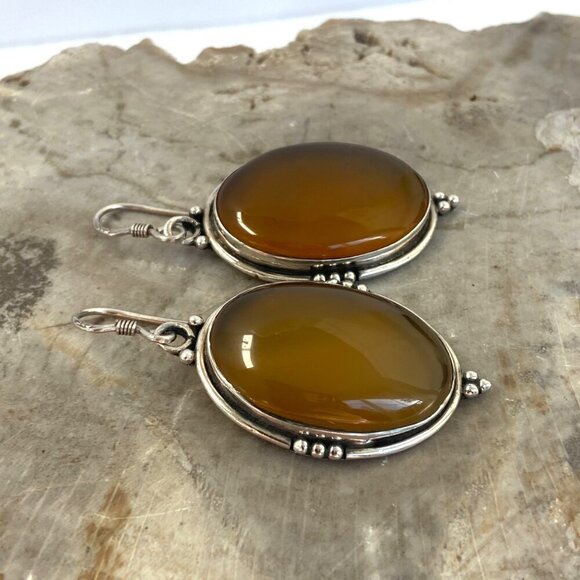 Sterling Silver 925 Large Bezel Set Oval Agate Quartz Dangle Drop Earrings - Picture 8 of 16